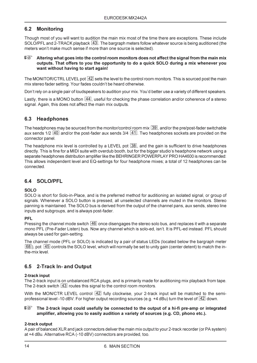 Behringer MX2442A manual Monitoring, Headphones, Track In- and Output 