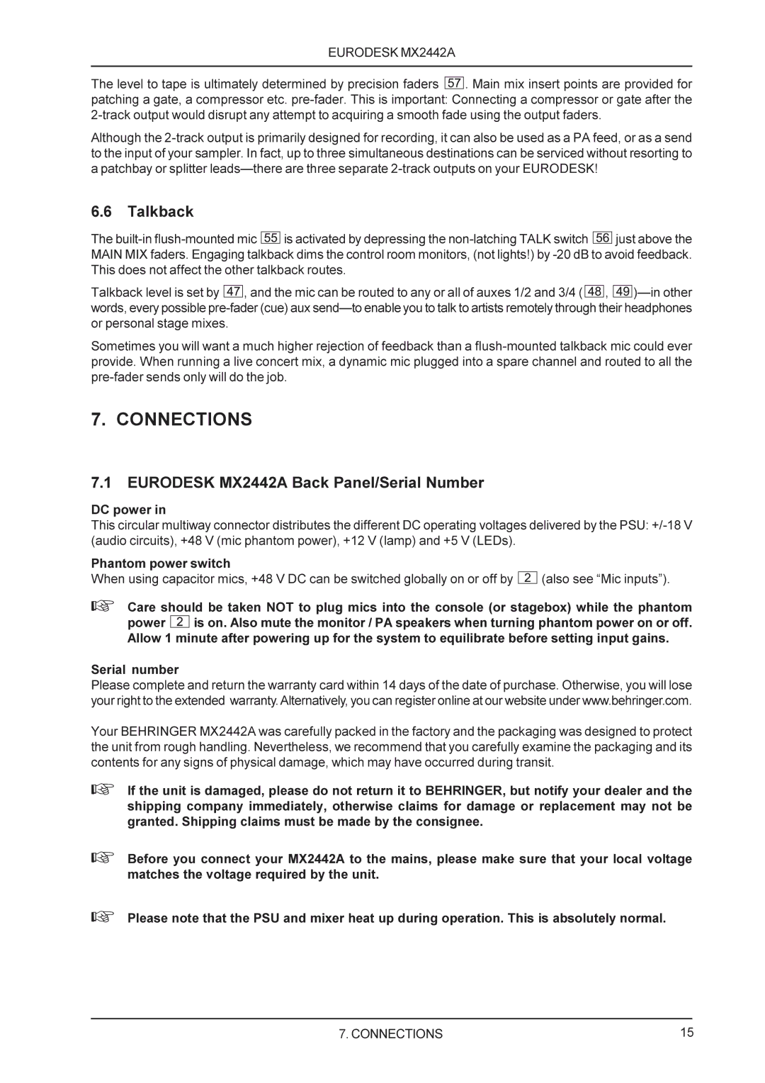 Behringer manual Connections, Talkback, Eurodesk MX2442A Back Panel/Serial Number 
