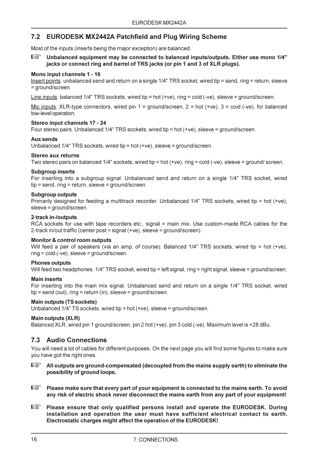 Behringer manual Eurodesk MX2442A Patchfield and Plug Wiring Scheme, Audio Connections 