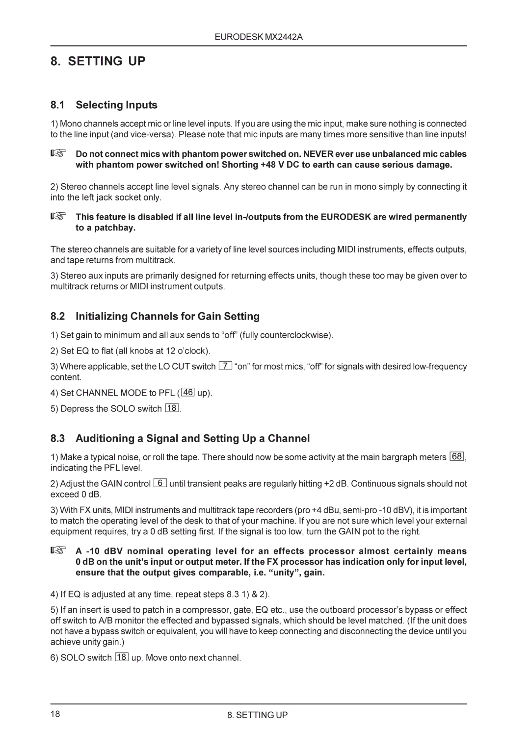 Behringer MX2442A manual Setting UP, Selecting Inputs, Initializing Channels for Gain Setting 