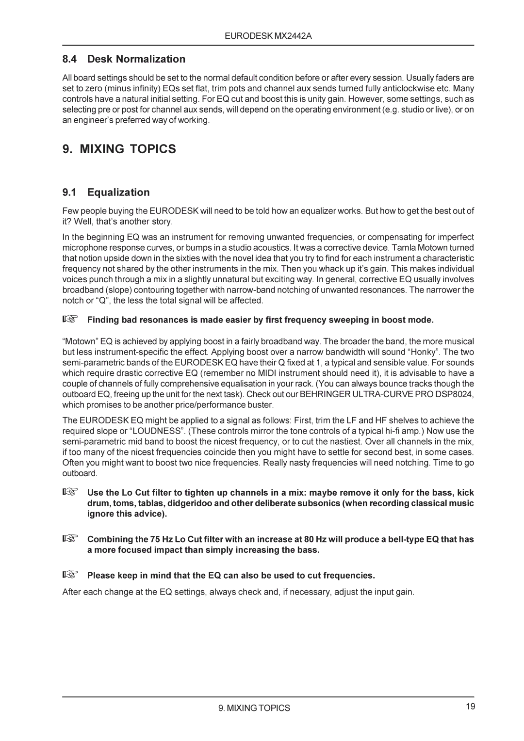 Behringer MX2442A manual Mixing Topics, Desk Normalization, Equalization 