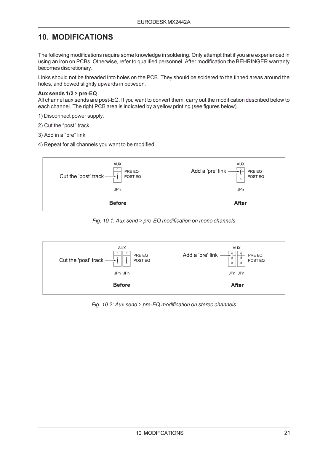 Behringer MX2442A manual Modifications, Aux send pre-EQ modification on mono channels 