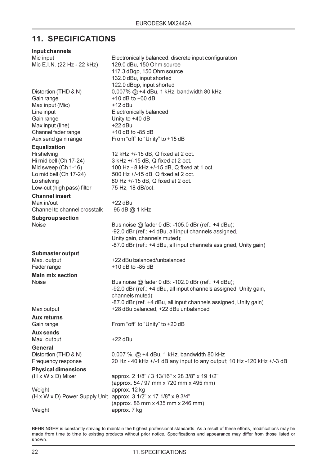 Behringer MX2442A manual Specifications 