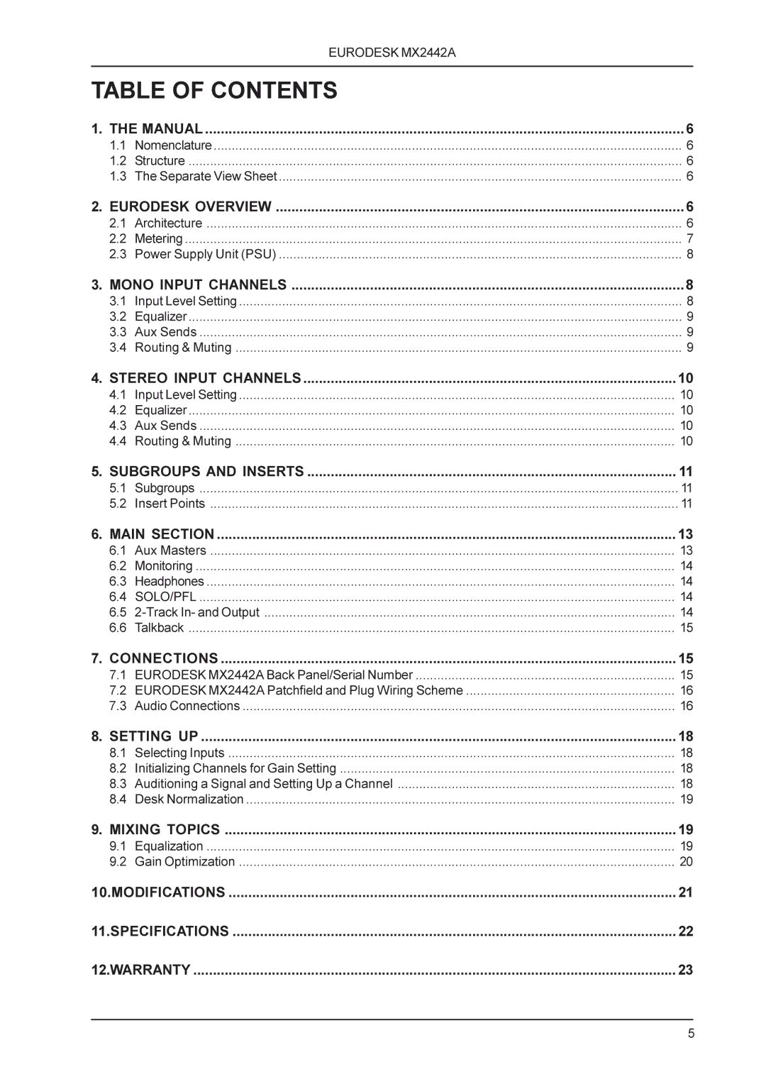 Behringer MX2442A manual Table of Contents 