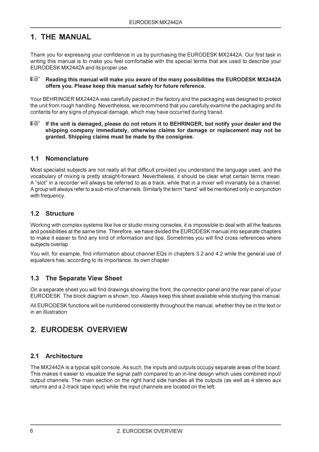 Behringer MX2442A manual Manual, Eurodesk Overview 