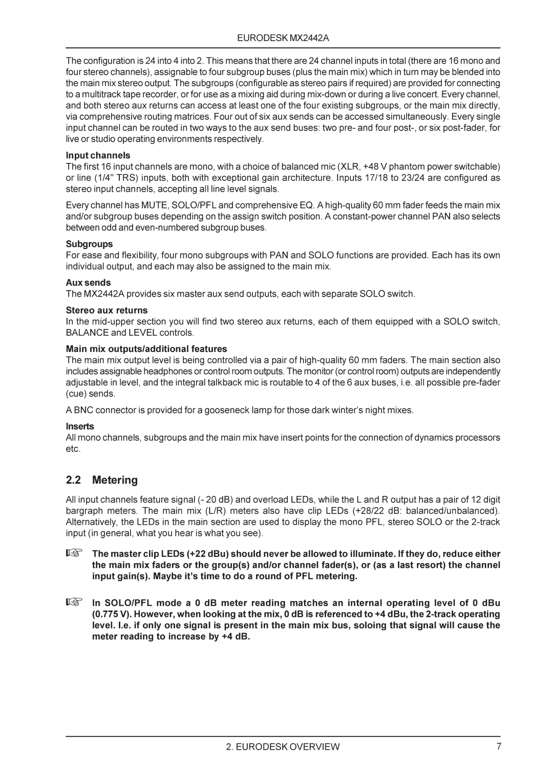 Behringer MX2442A manual Metering 