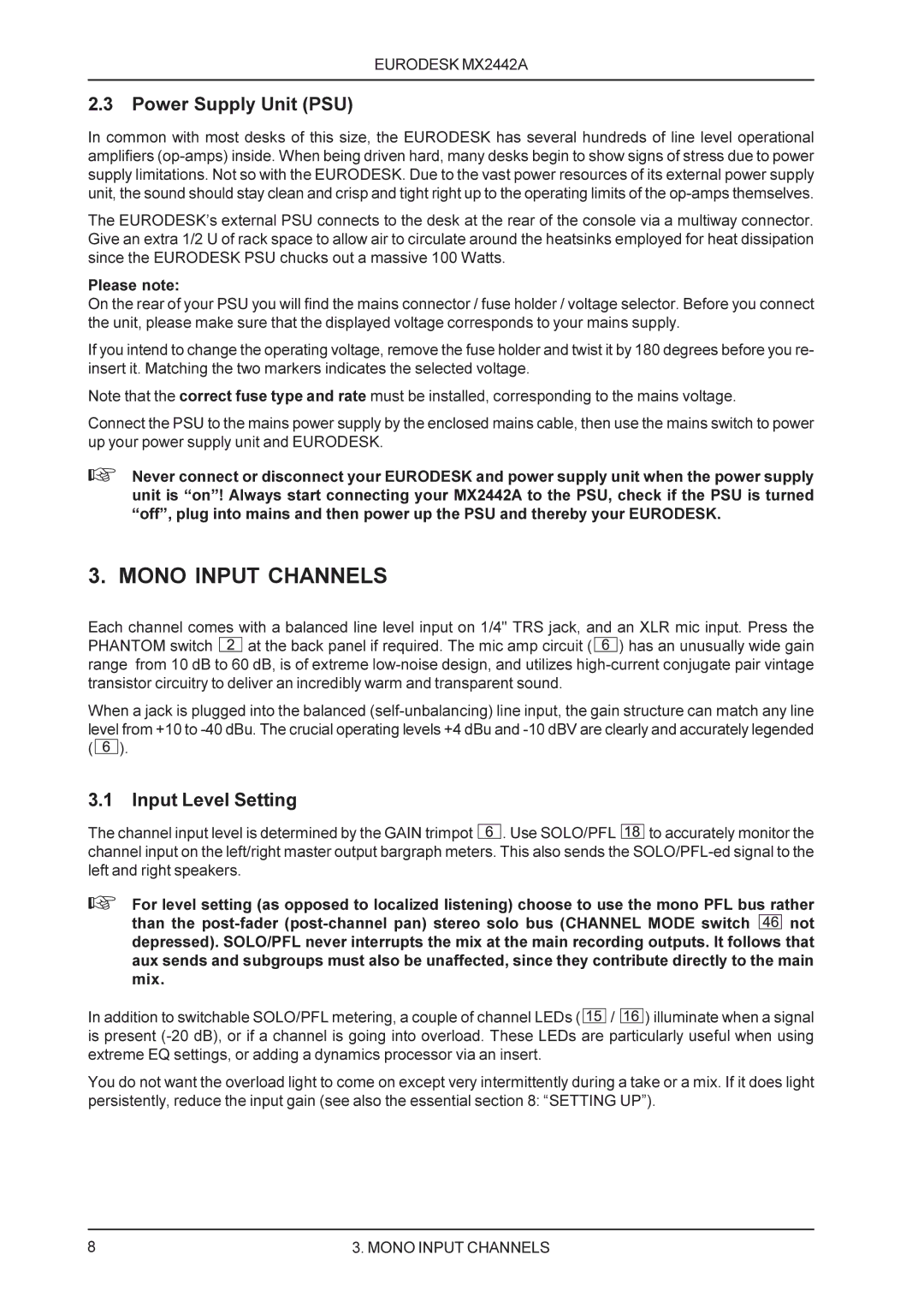 Behringer MX2442A manual Mono Input Channels, Power Supply Unit PSU, Input Level Setting 