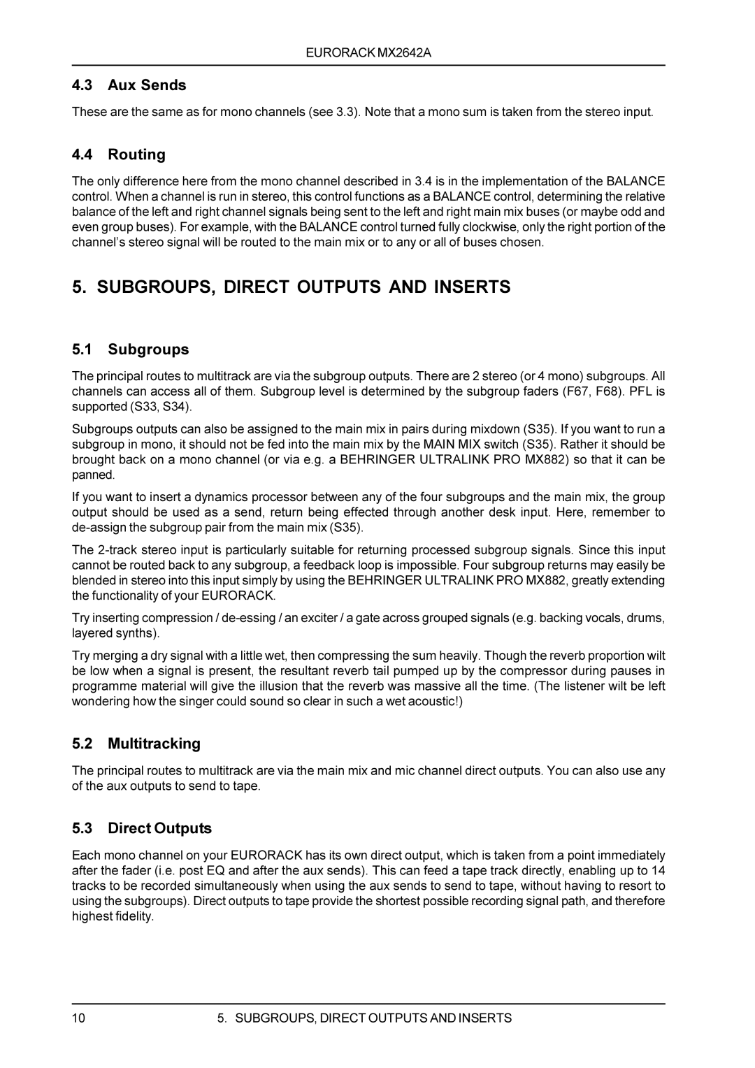 Behringer MX2642A manual SUBGROUPS, Direct Outputs and Inserts, Routing, Subgroups, Multitracking 