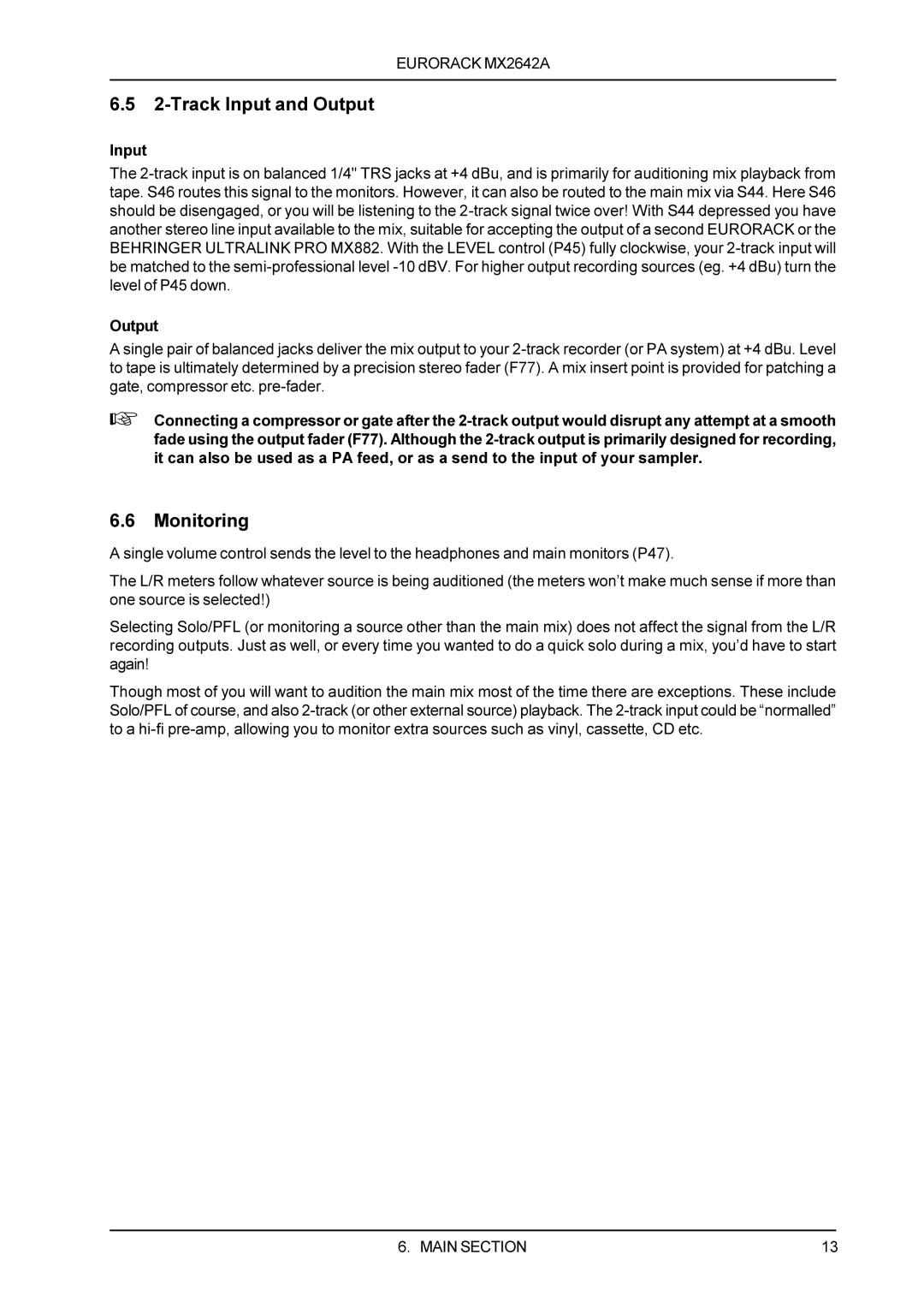 Behringer MX2642A manual Track Input and Output, Monitoring 