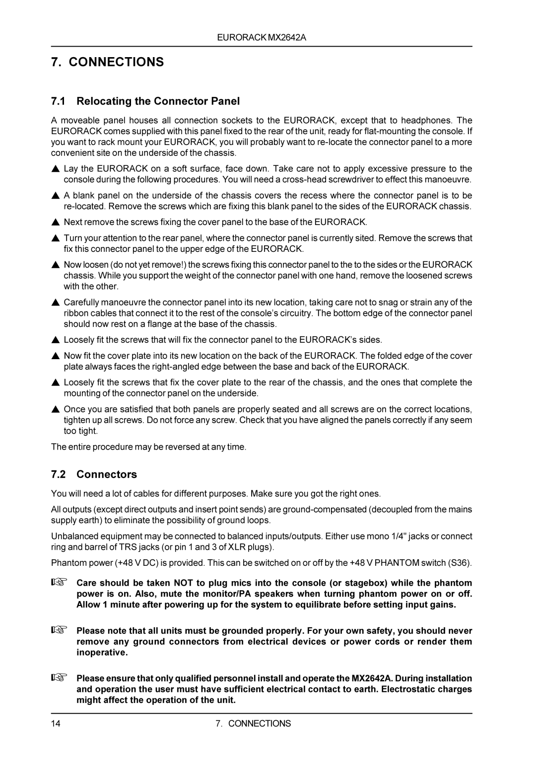 Behringer MX2642A manual Connections, Relocating the Connector Panel, Connectors 