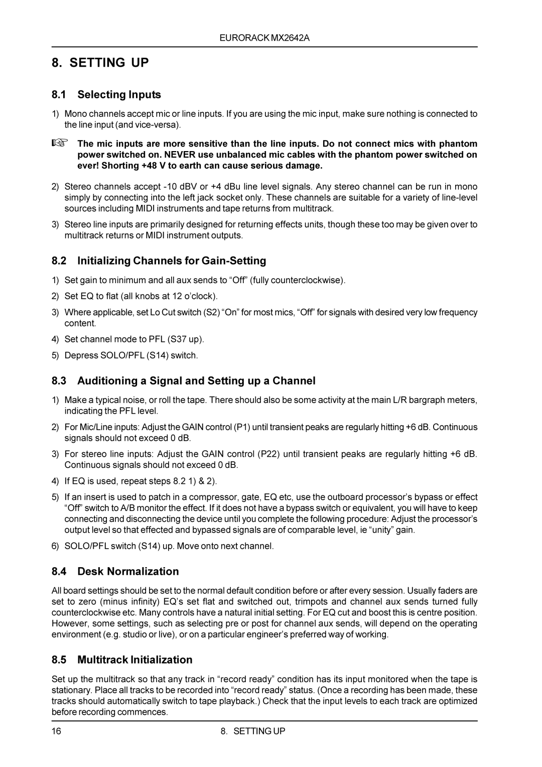 Behringer MX2642A manual Setting UP 