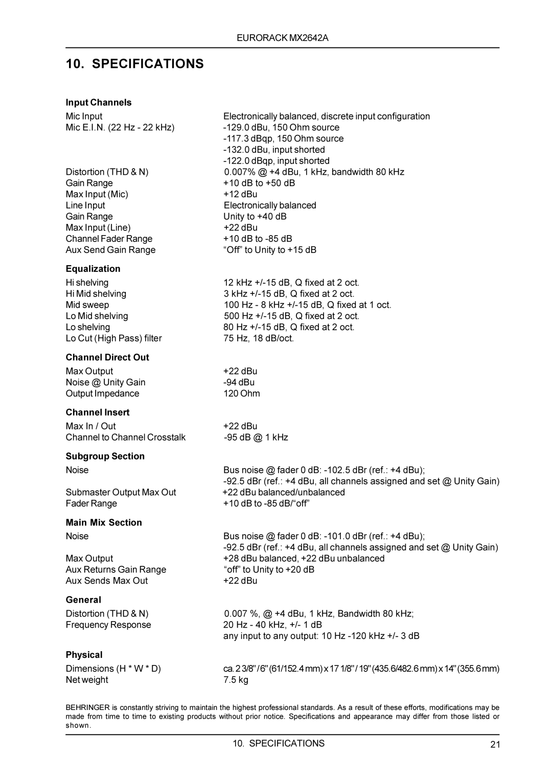 Behringer MX2642A manual Specifications 