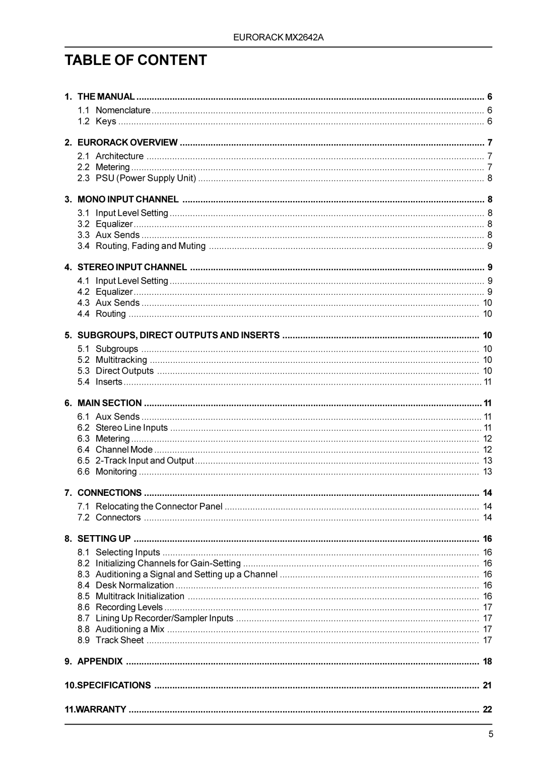 Behringer MX2642A manual Table of Content 