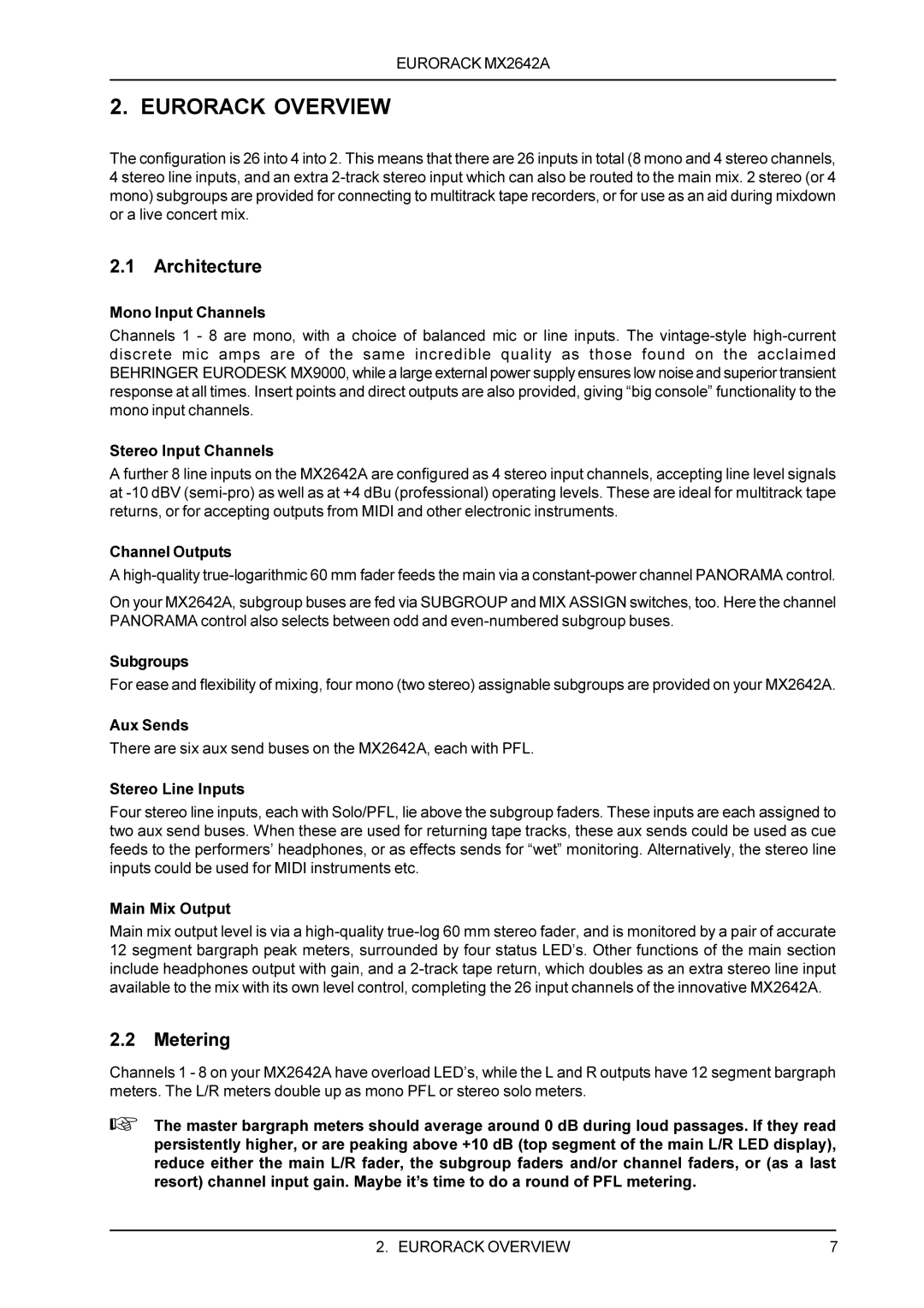 Behringer MX2642A manual Eurorack Overview, Architecture, Metering 