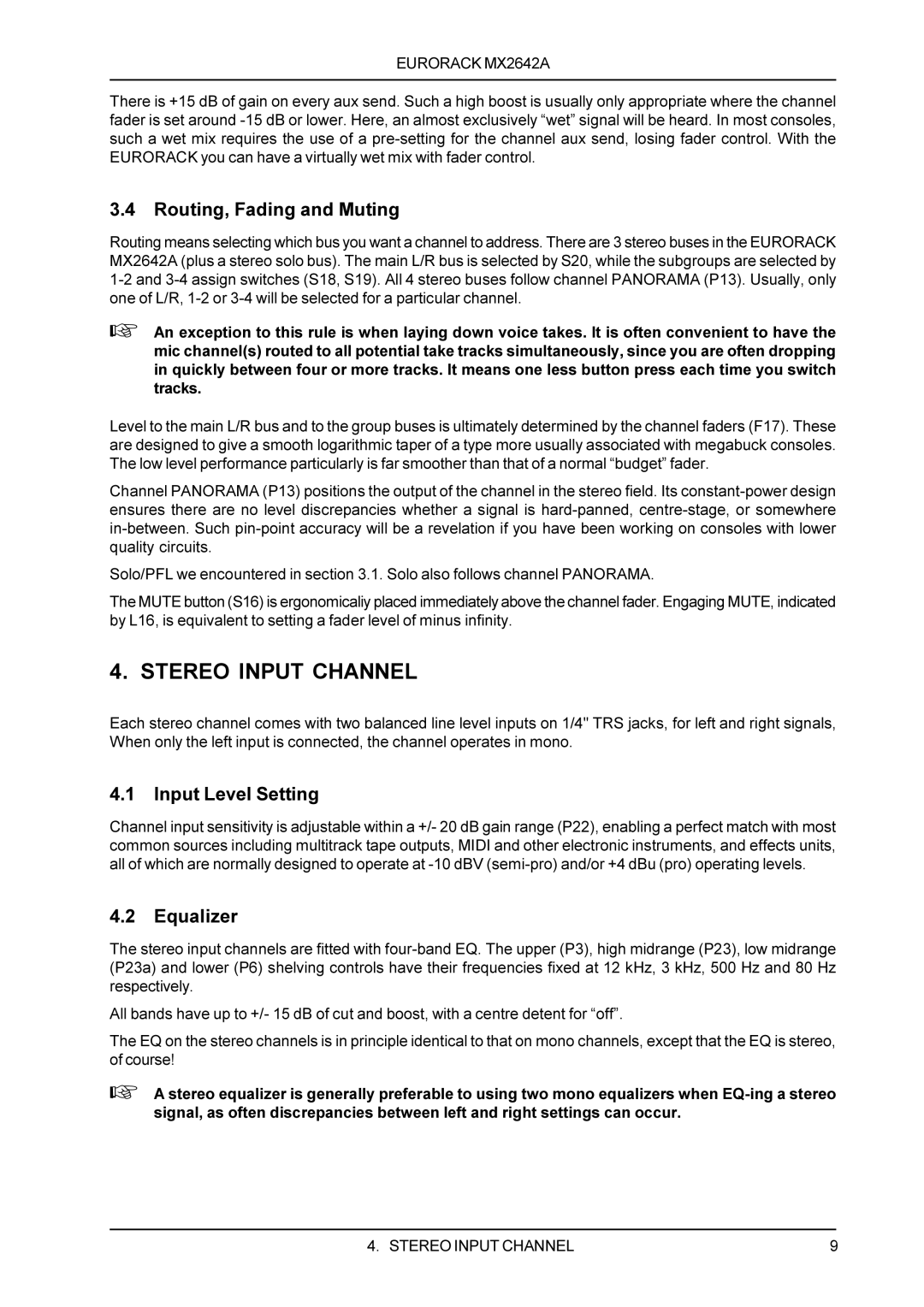 Behringer MX2642A manual Stereo Input Channel, Routing, Fading and Muting 