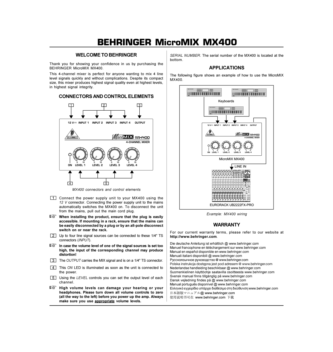 Behringer MX400 warranty Welcome to Behringer, Connectors and Control Elements, Applications, Warranty 