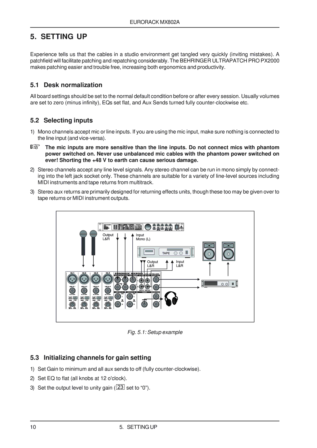 Behringer MX802A user manual Setting UP, Desk normalization, Selecting inputs, Initializing channels for gain setting 