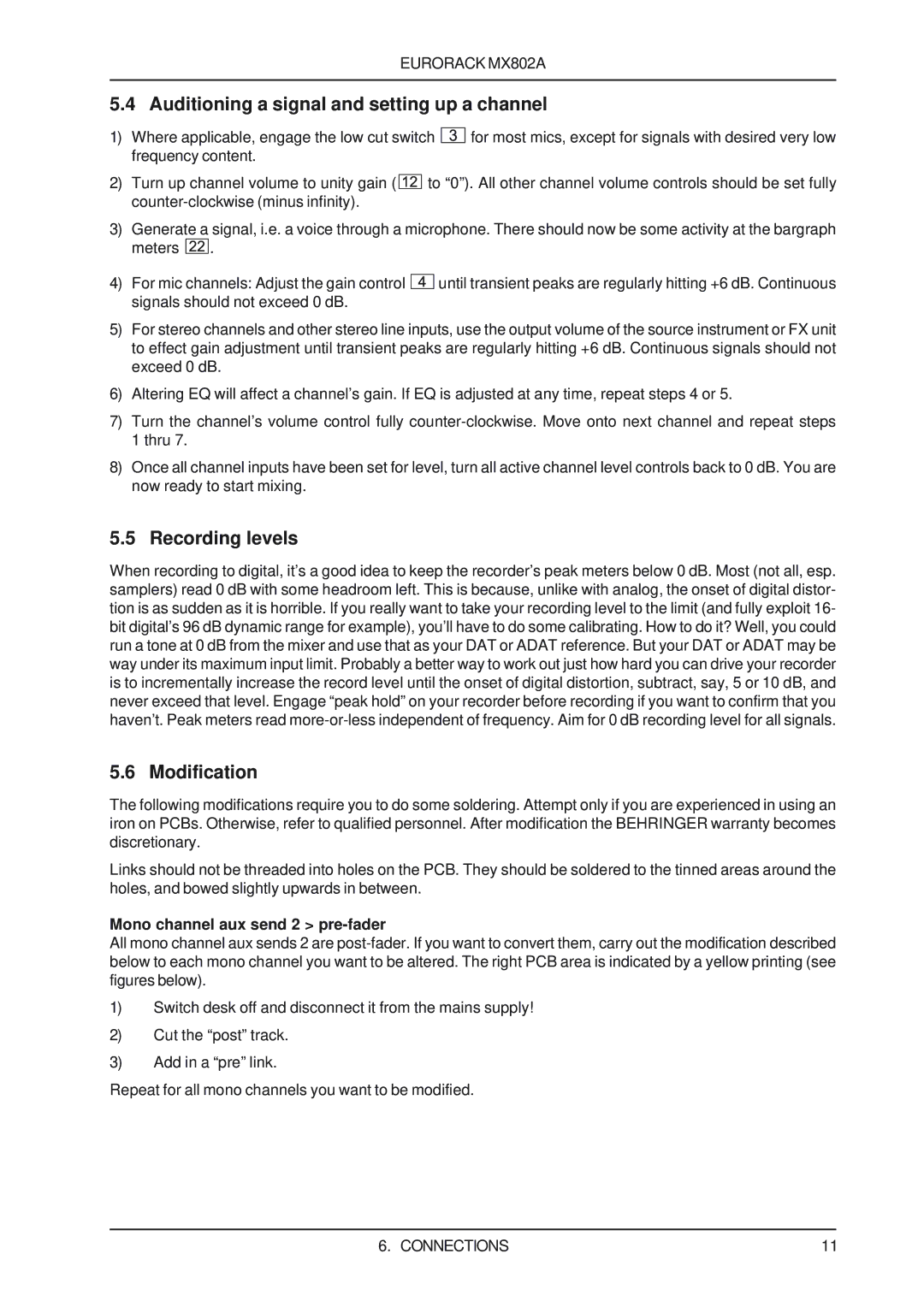 Behringer MX802A user manual Auditioning a signal and setting up a channel, Recording levels, Modification 