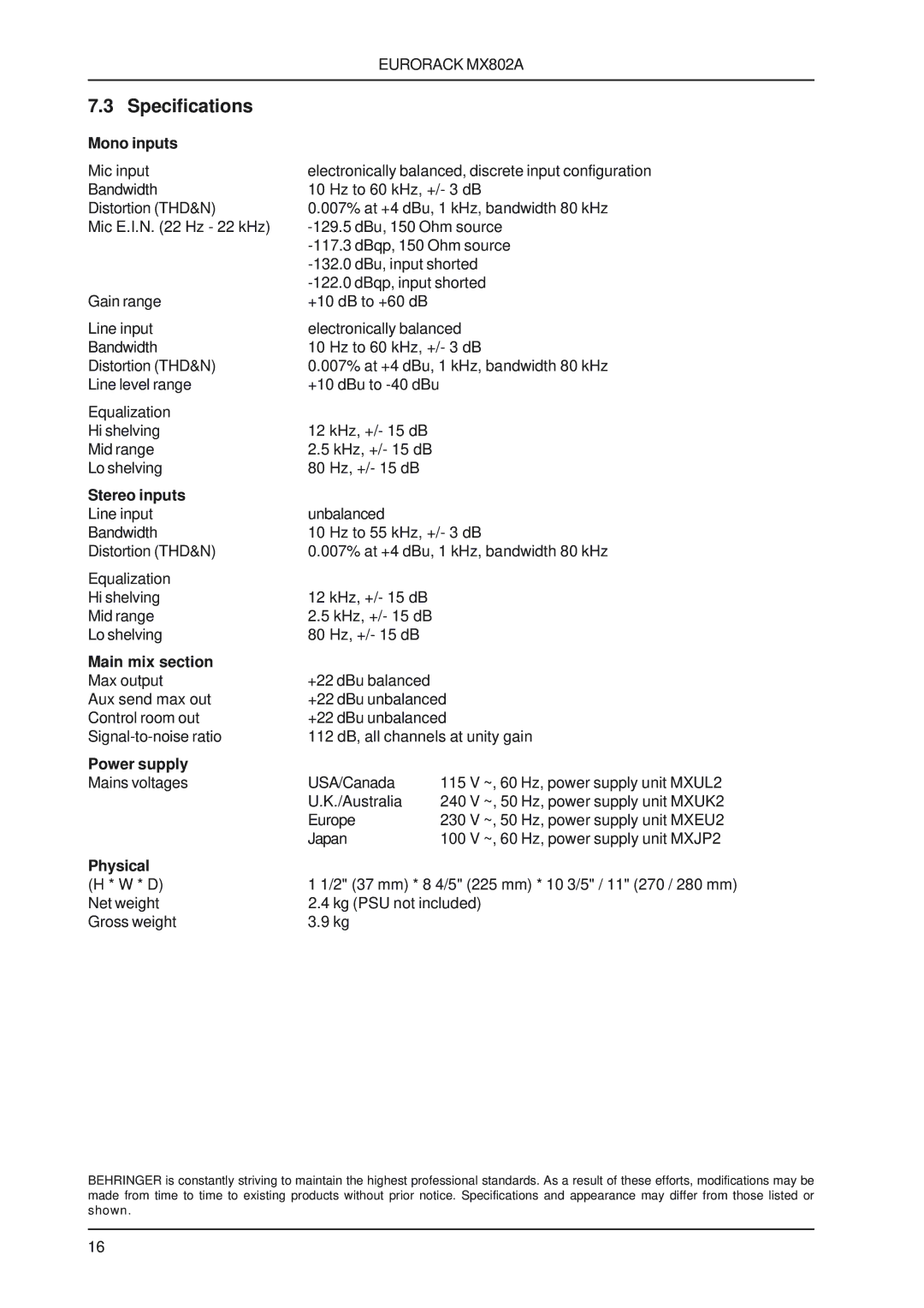 Behringer MX802A user manual Specifications 