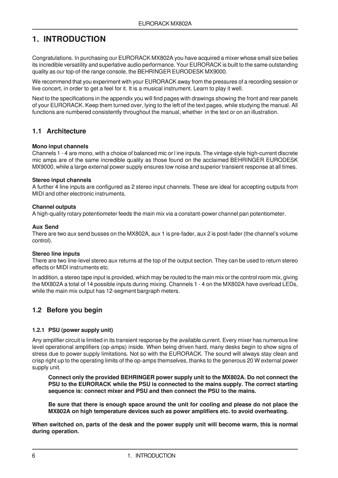 Behringer MX802A user manual Introduction, Architecture, Before you begin 