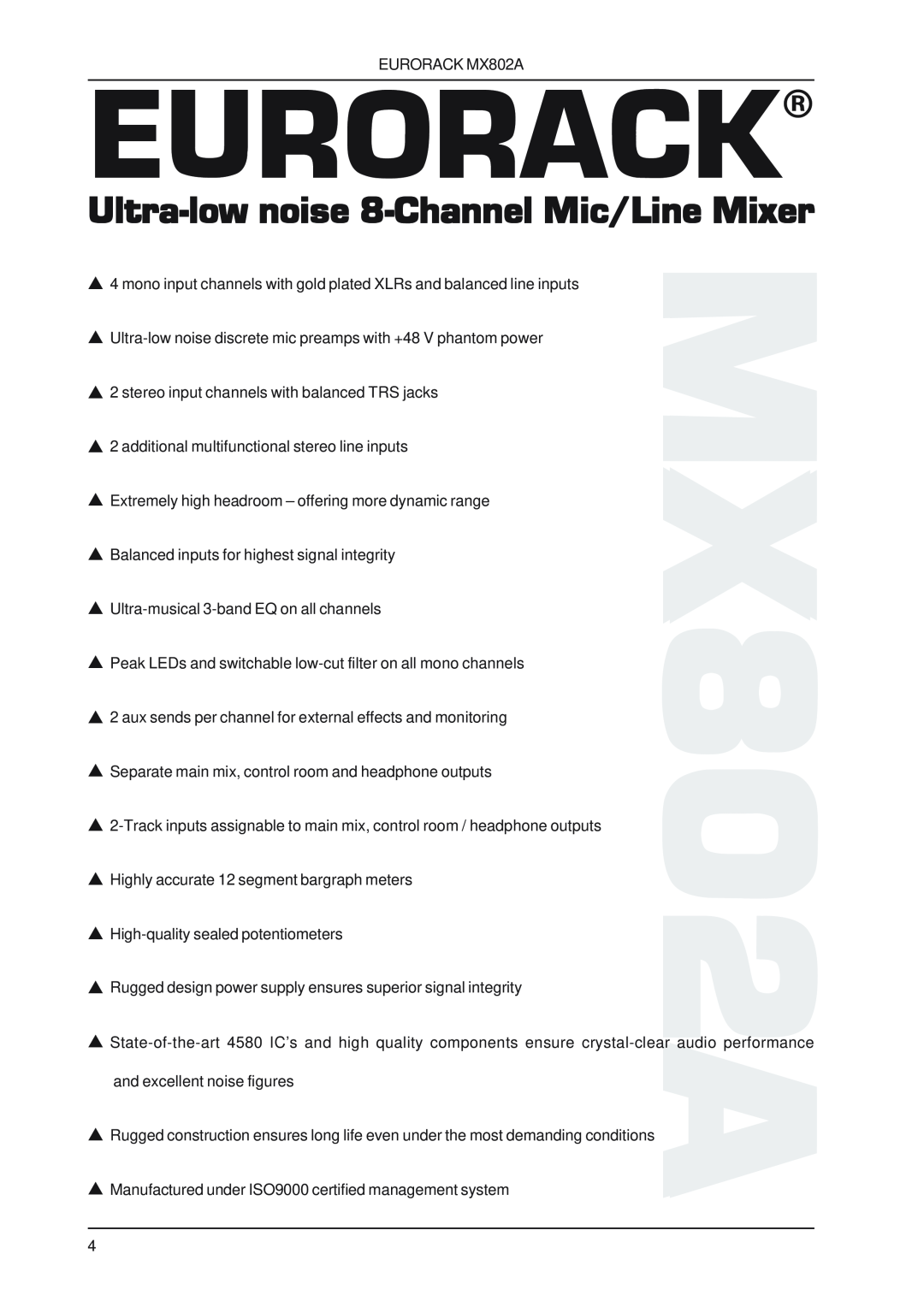 Behringer MX802A user manual Eurorack, Ultra-lownoise 8-ChannelMic/Line Mixer 