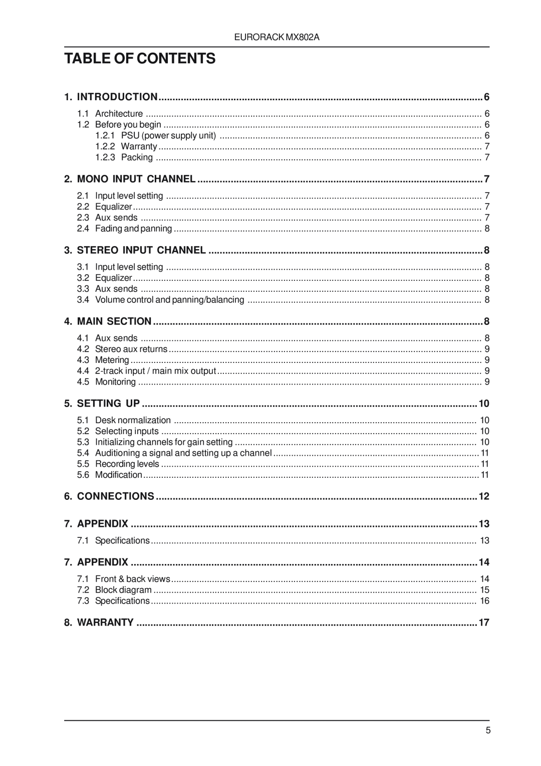 Behringer MX802A user manual Table Of Contents 