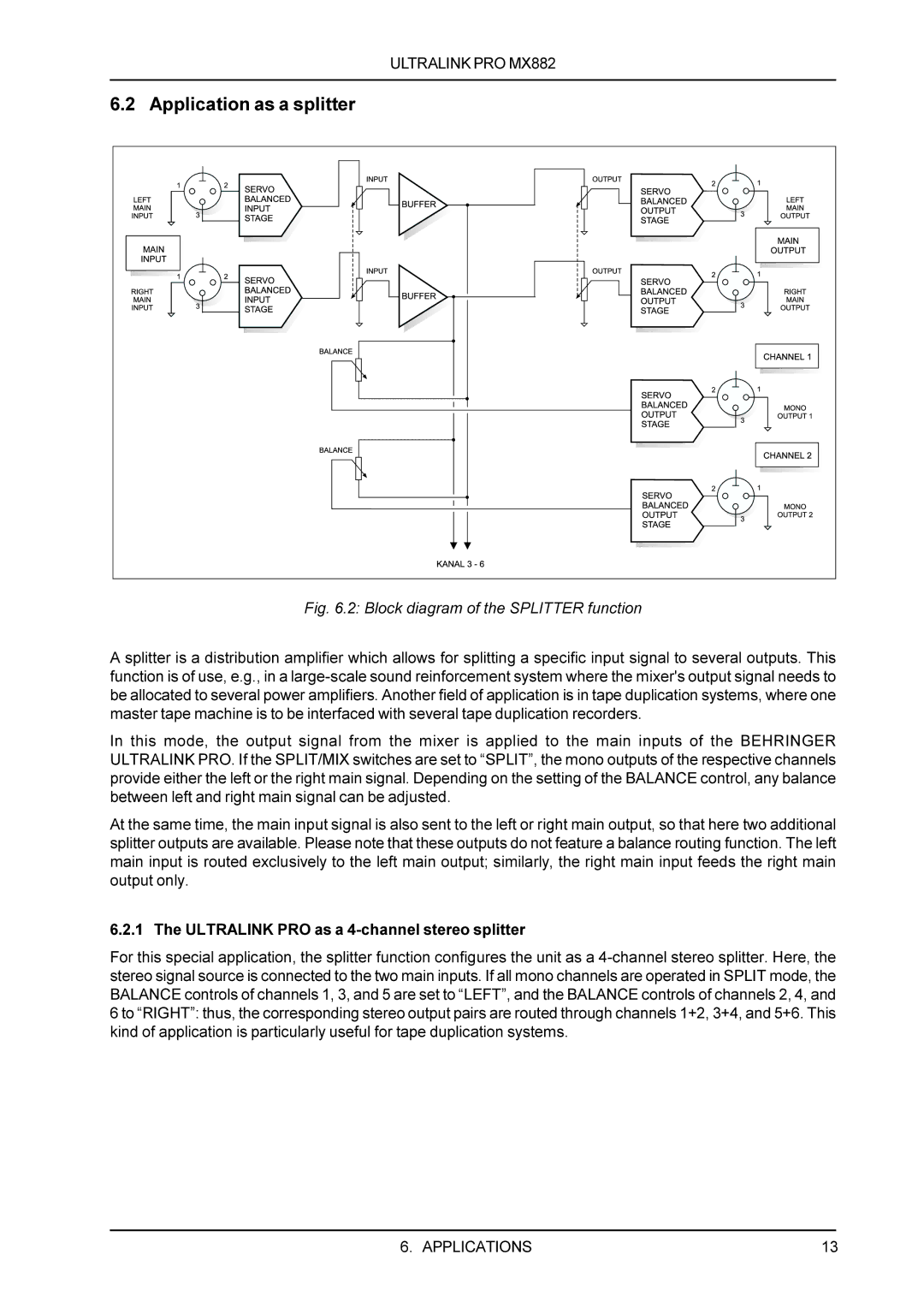 Behringer MX882 manual Application as a splitter, Block diagram of the Splitter function 