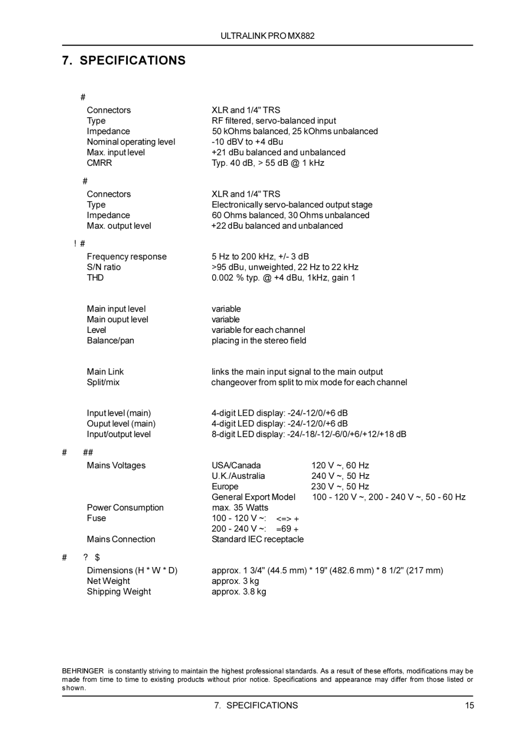 Behringer MX882 manual Specifications, Audio Inputs 