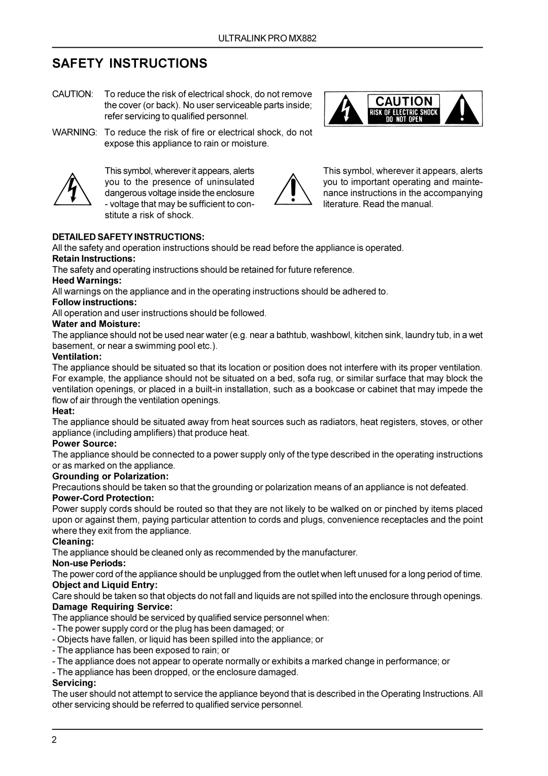 Behringer MX882 manual Safety Instructions 