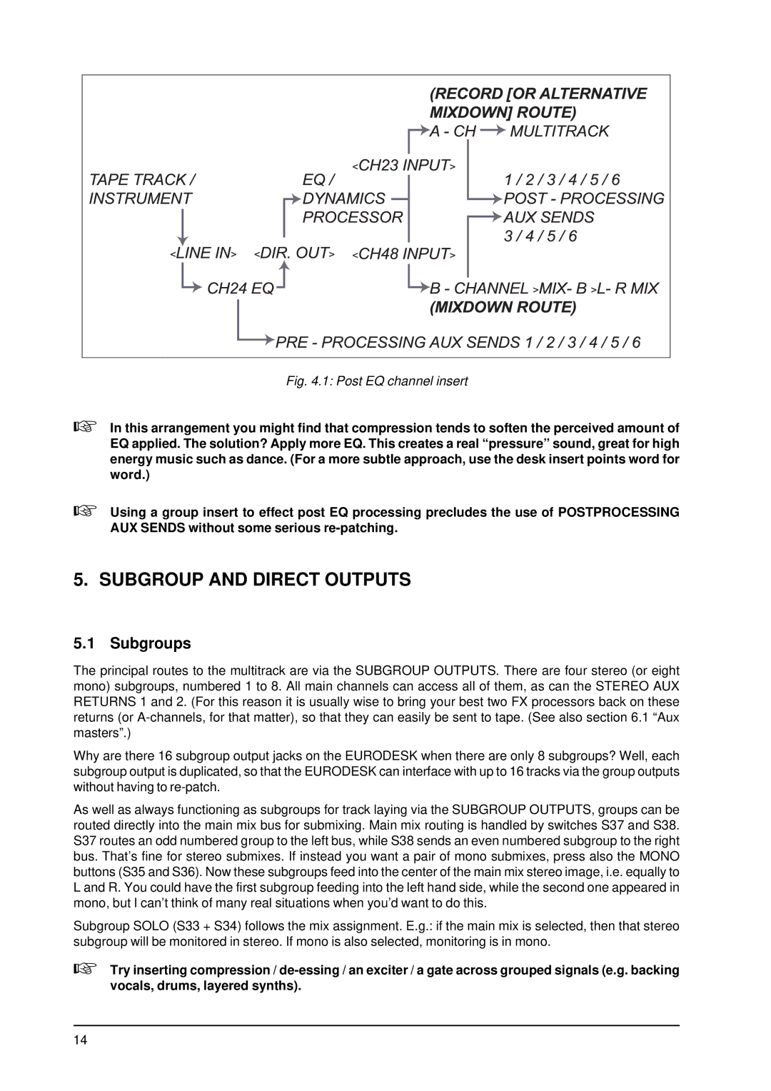 Behringer MX9000 user manual Subgroup and Direct Outputs, Subgroups 