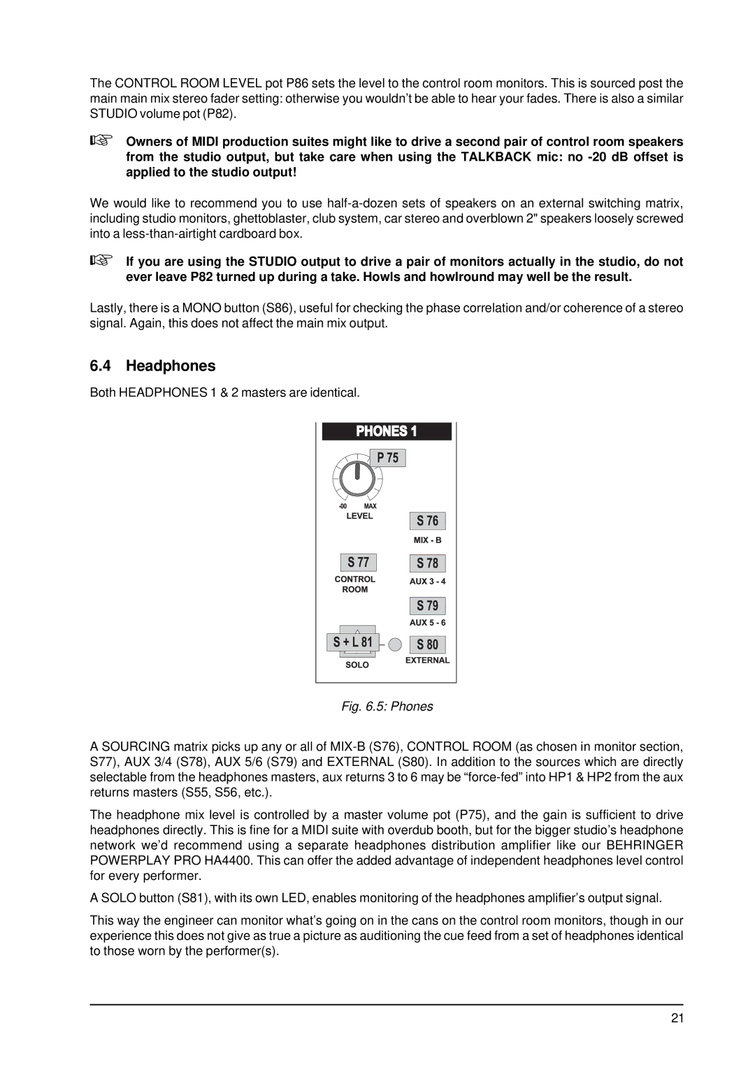 Behringer MX9000 user manual Headphones, Phones 