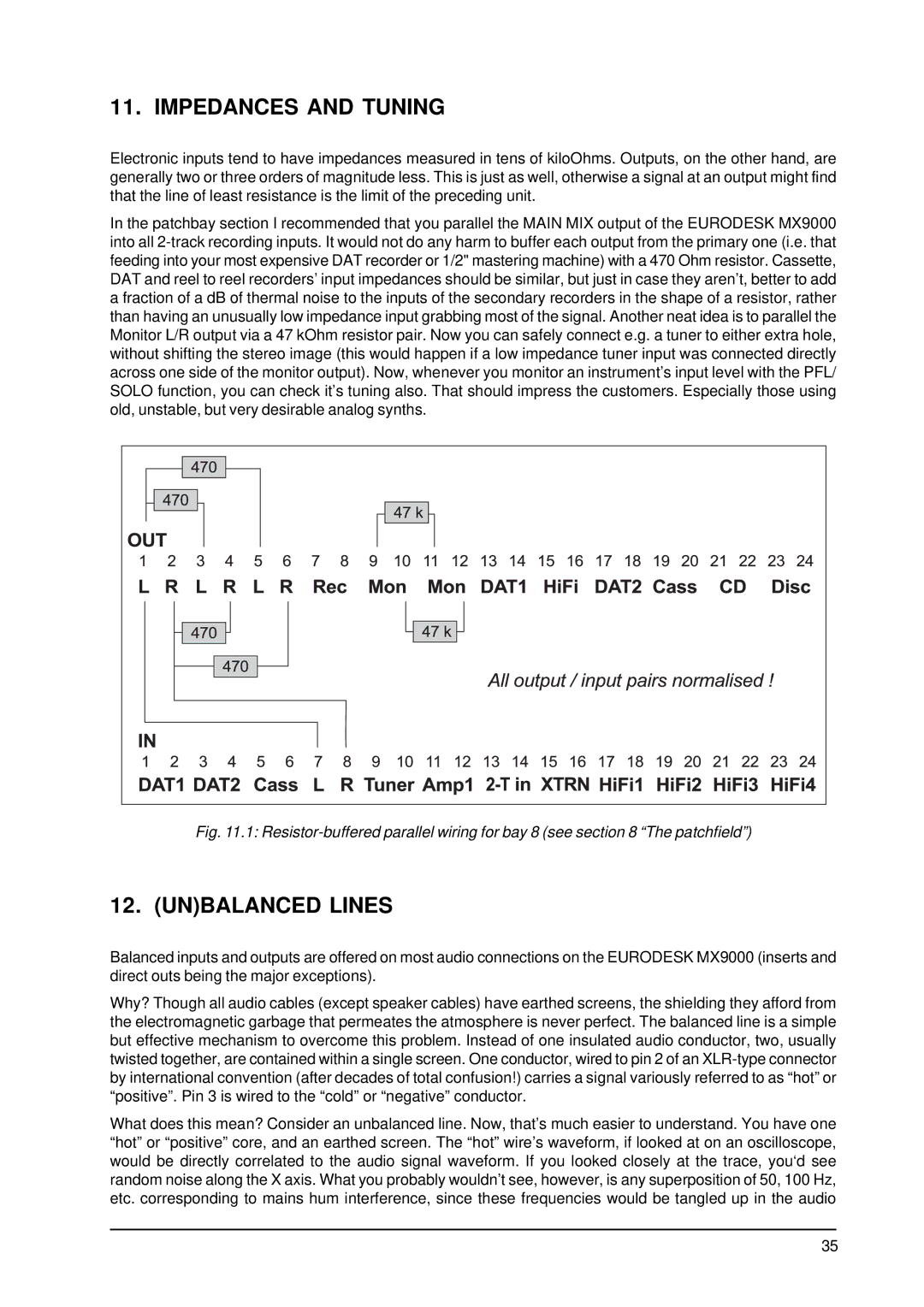 Behringer MX9000 user manual Impedances and Tuning, Unbalanced Lines 