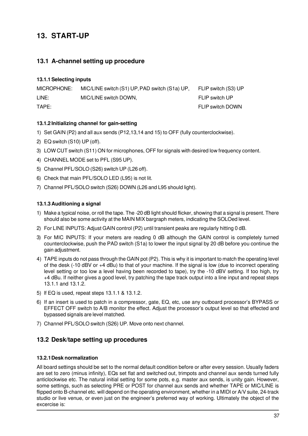 Behringer MX9000 user manual Start-Up, Channel setting up procedure, Desk/tape setting up procedures 