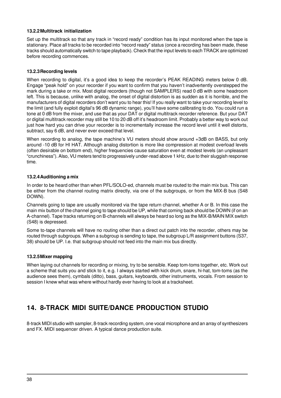 Behringer MX9000 user manual Track Midi SUITE/DANCE Production Studio, Multitrack initialization, 13.2.3Recording levels 