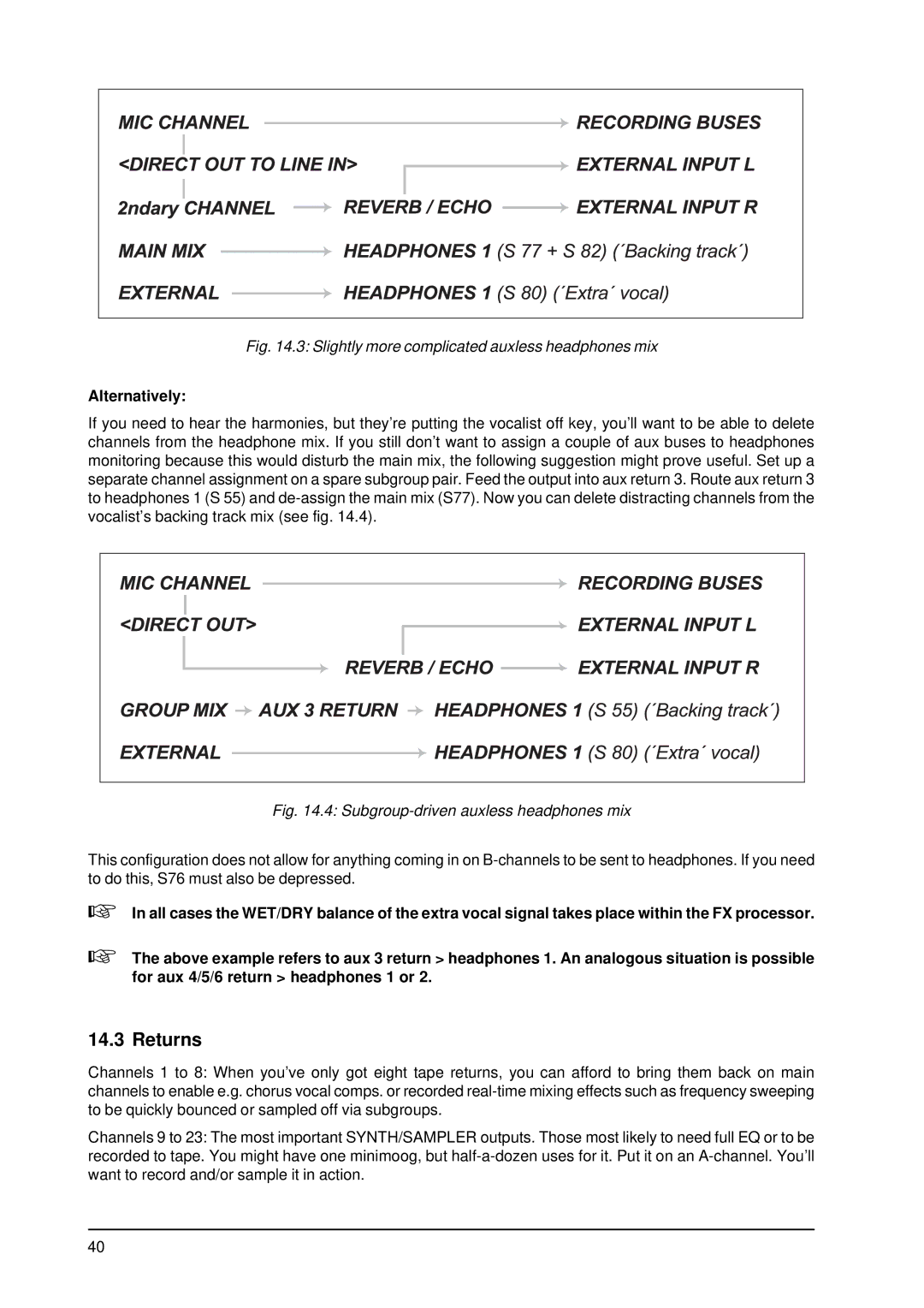 Behringer MX9000 user manual Returns, Slightly more complicated auxless headphones mix 