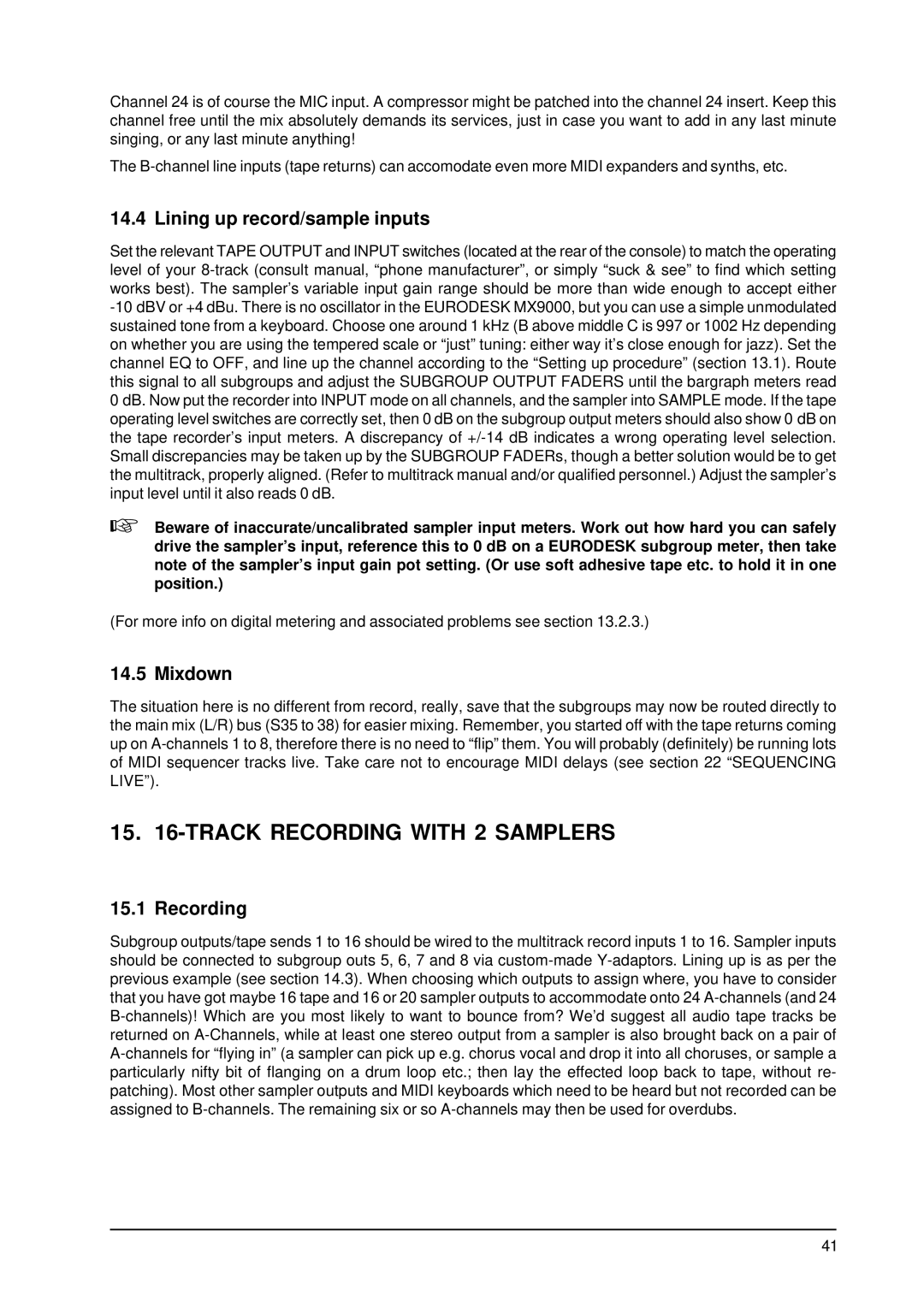 Behringer MX9000 user manual Track Recording with 2 Samplers, Lining up record/sample inputs, Mixdown 