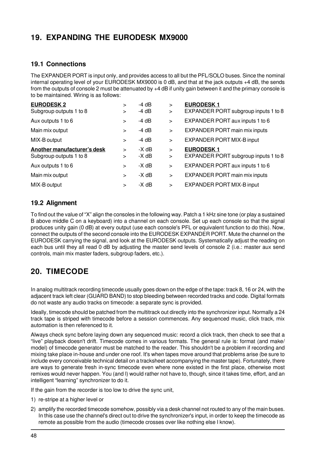 Behringer user manual Expanding the Eurodesk MX9000, Timecode, Connections, Alignment, Another manufacturer’s desk 