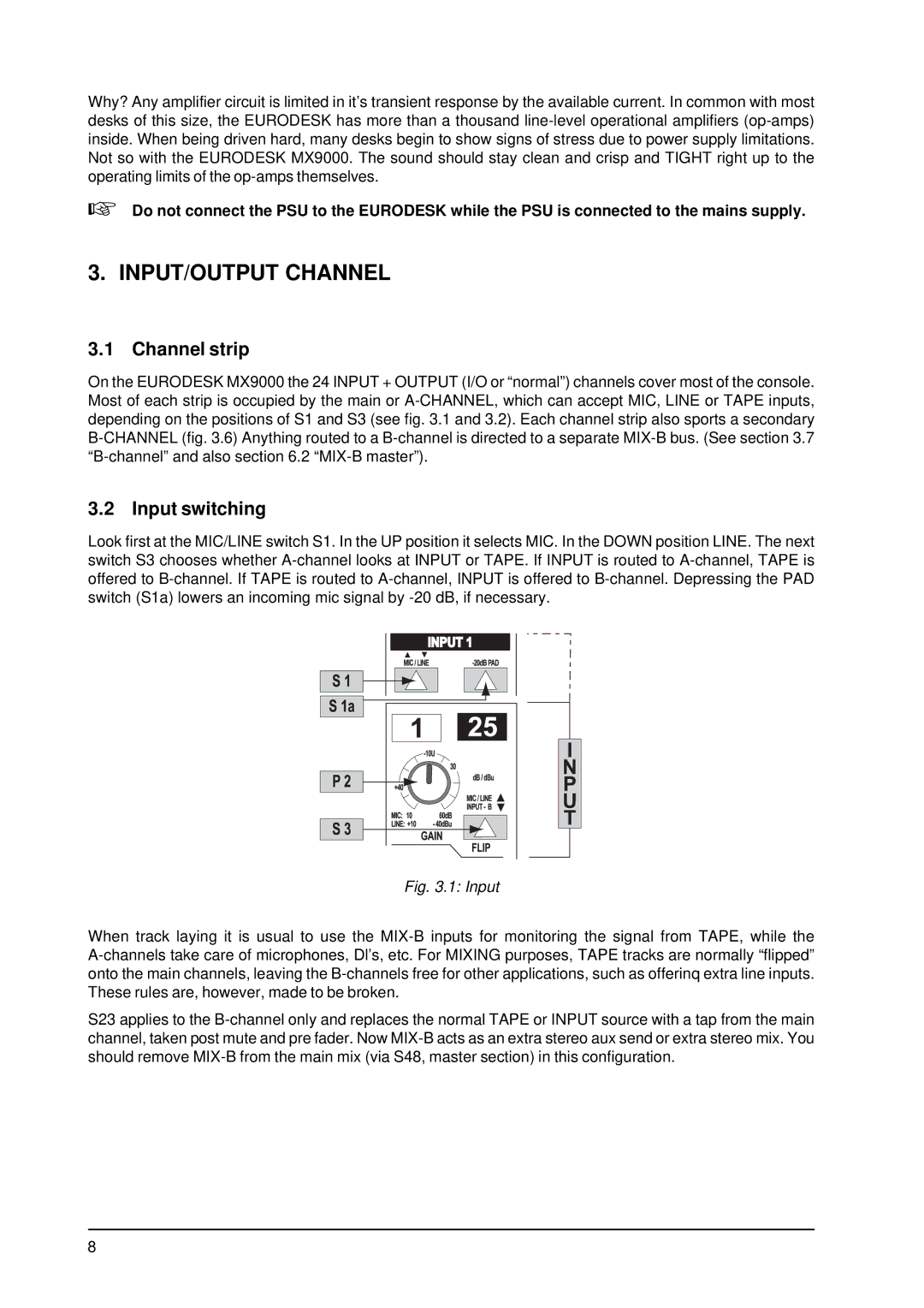 Behringer MX9000 user manual INPUT/OUTPUT Channel, Channel strip, Input switching 