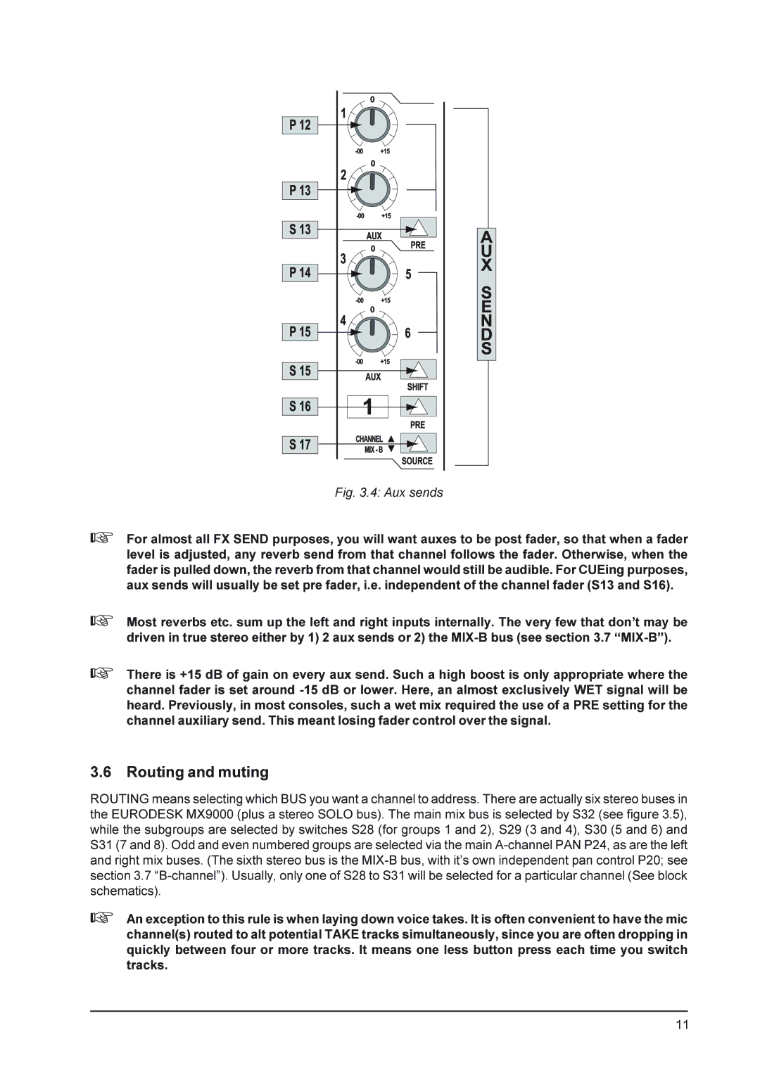 Behringer MX9000 user manual Routing and muting, Aux sends 