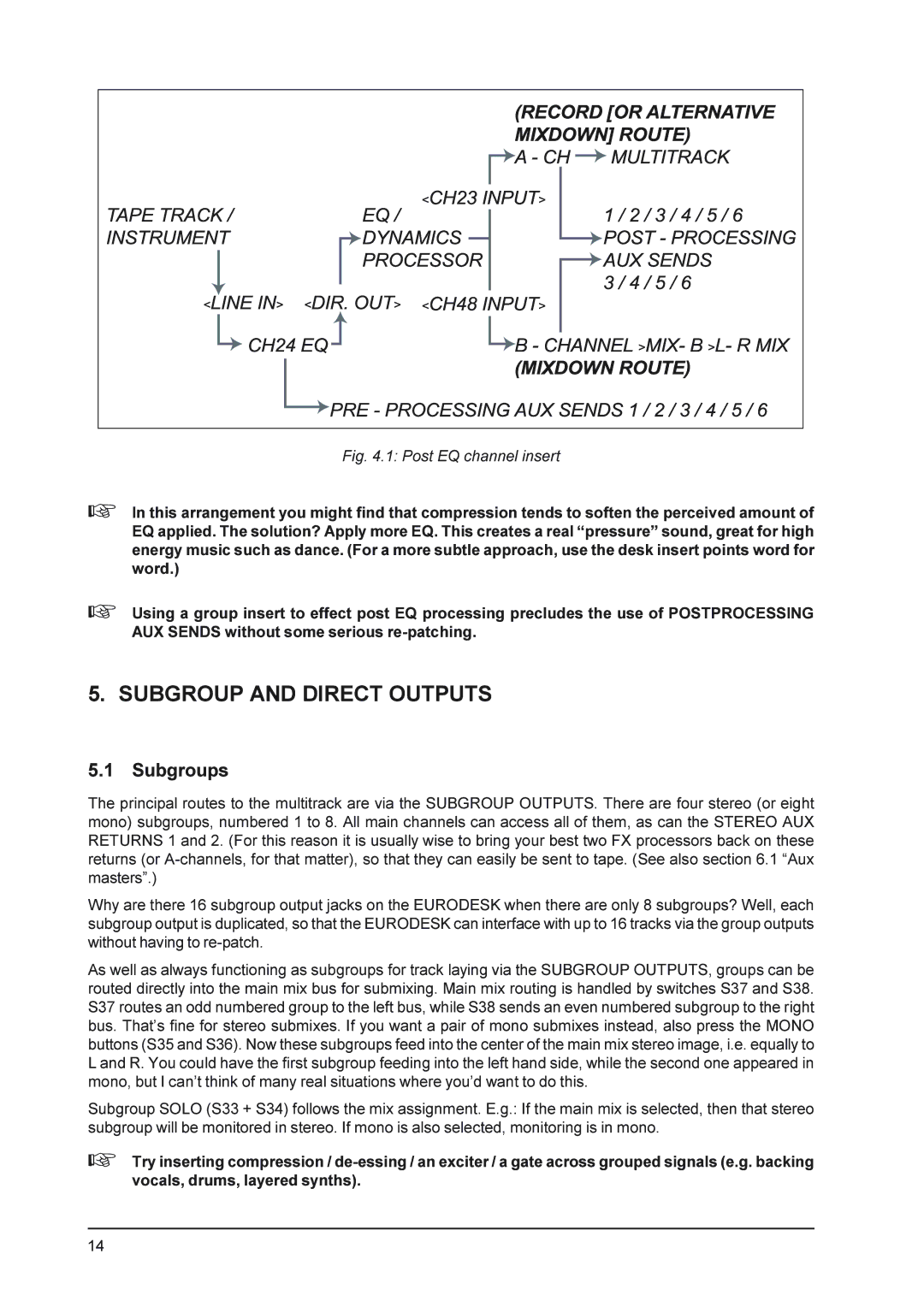 Behringer MX9000 user manual Subgroup and Direct Outputs, Subgroups 