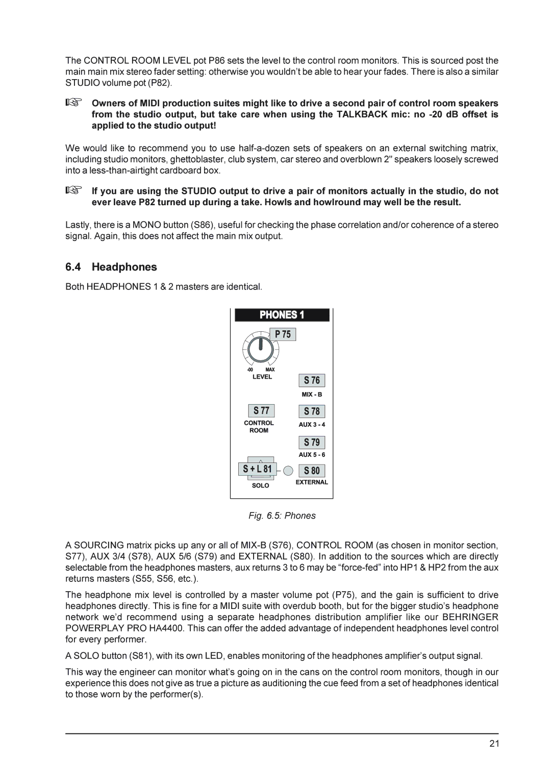 Behringer MX9000 user manual Headphones, Phones 