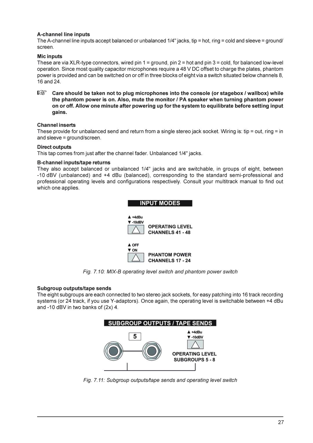 Behringer MX9000 user manual MIX-B operating level switch and phantom power switch 