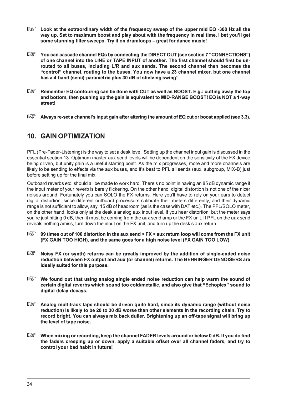 Behringer MX9000 user manual Gain Optimization 