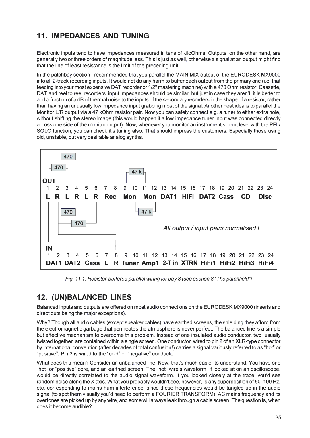 Behringer MX9000 user manual Impedances and Tuning, Unbalanced Lines 