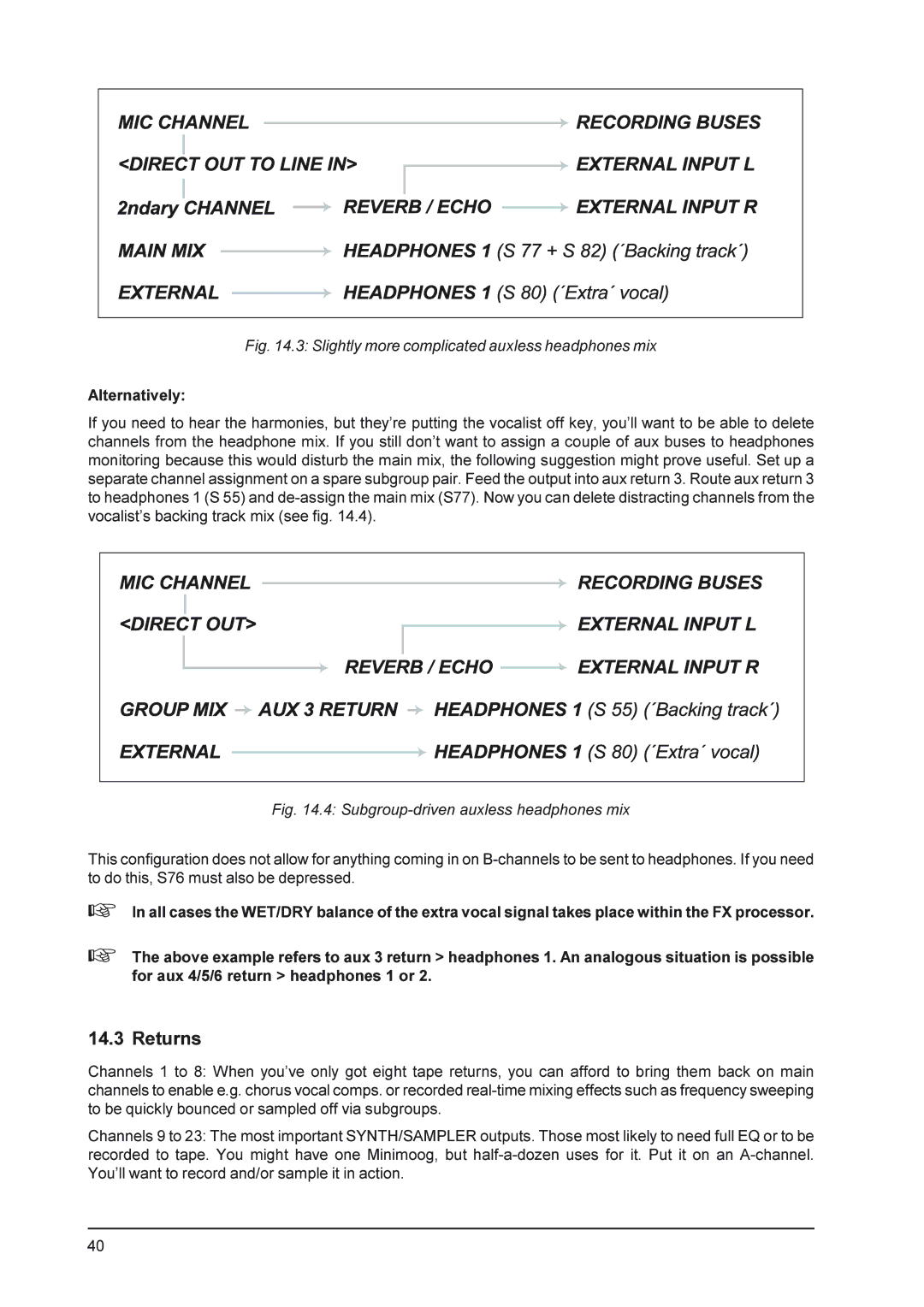 Behringer MX9000 user manual Returns, Slightly more complicated auxless headphones mix 