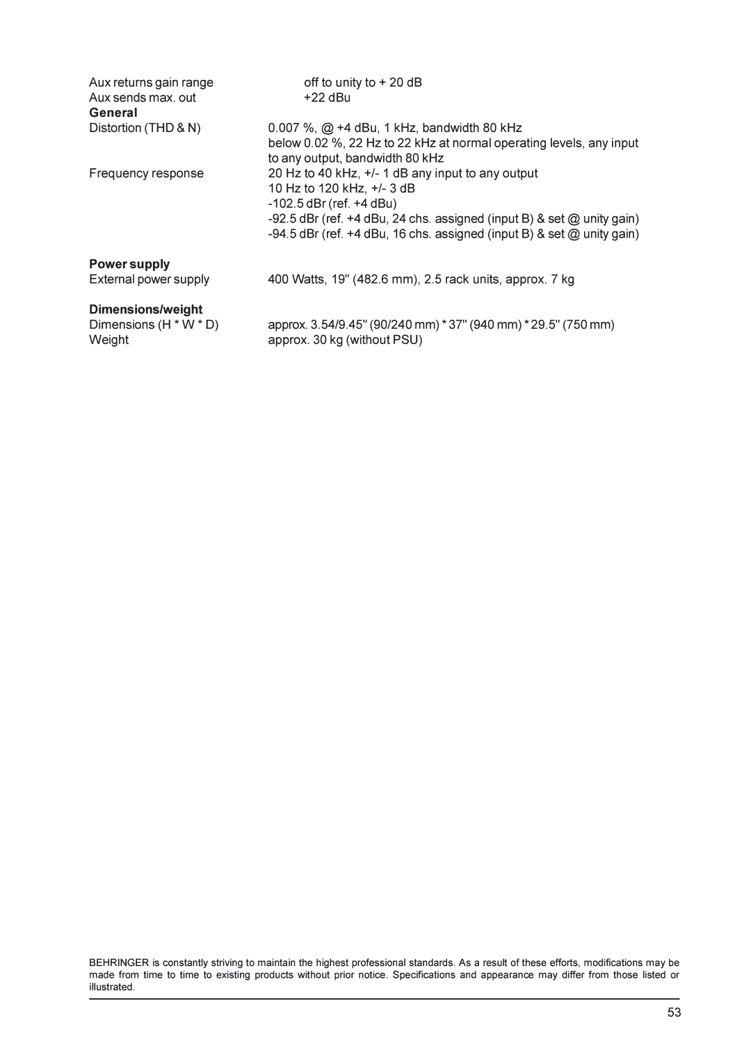 Behringer MX9000 user manual DBr ref. +4 dBu, 24 chs. assigned input B & set @ unity gain 