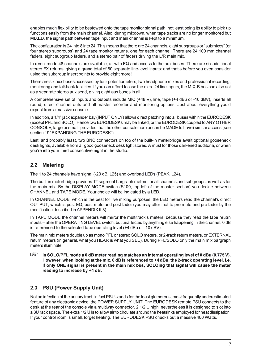 Behringer MX9000 user manual Metering, PSU Power Supply Unit 