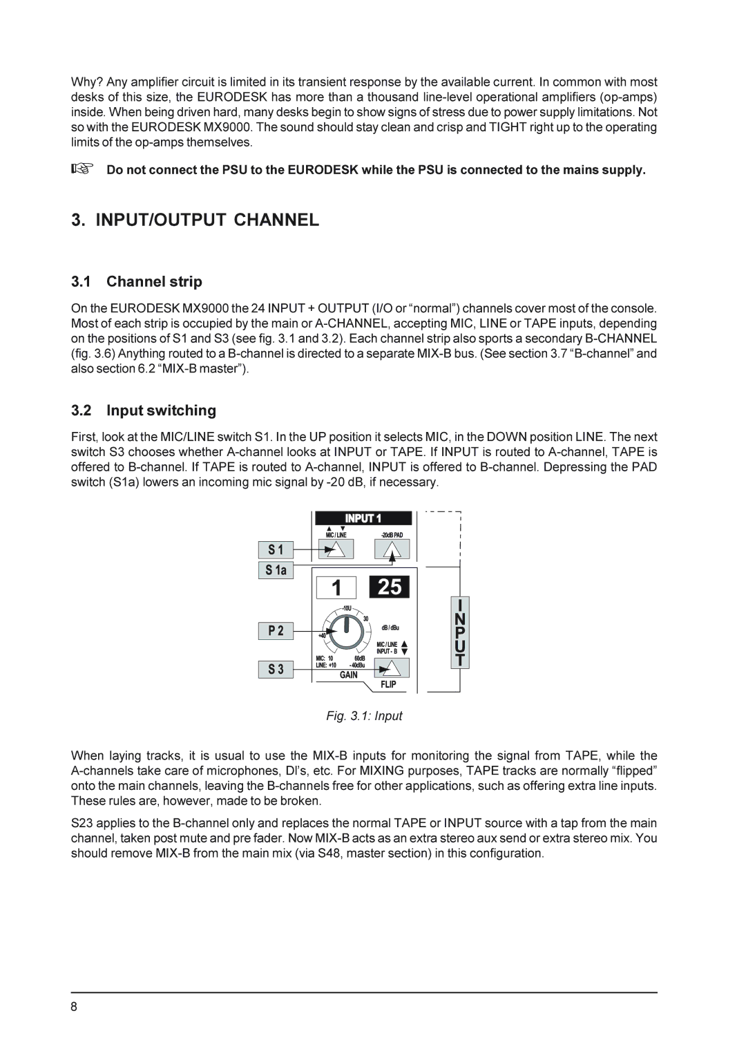 Behringer MX9000 user manual INPUT/OUTPUT Channel, Channel strip, Input switching 