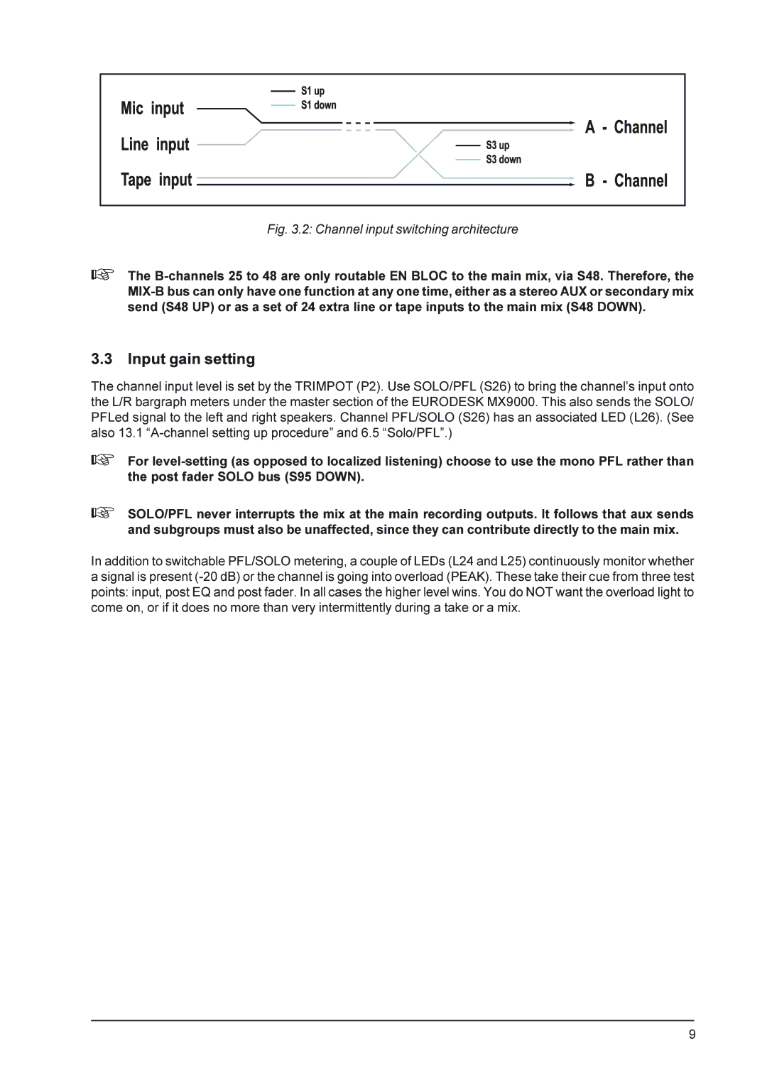 Behringer MX9000 user manual Input gain setting, Channel input switching architecture 