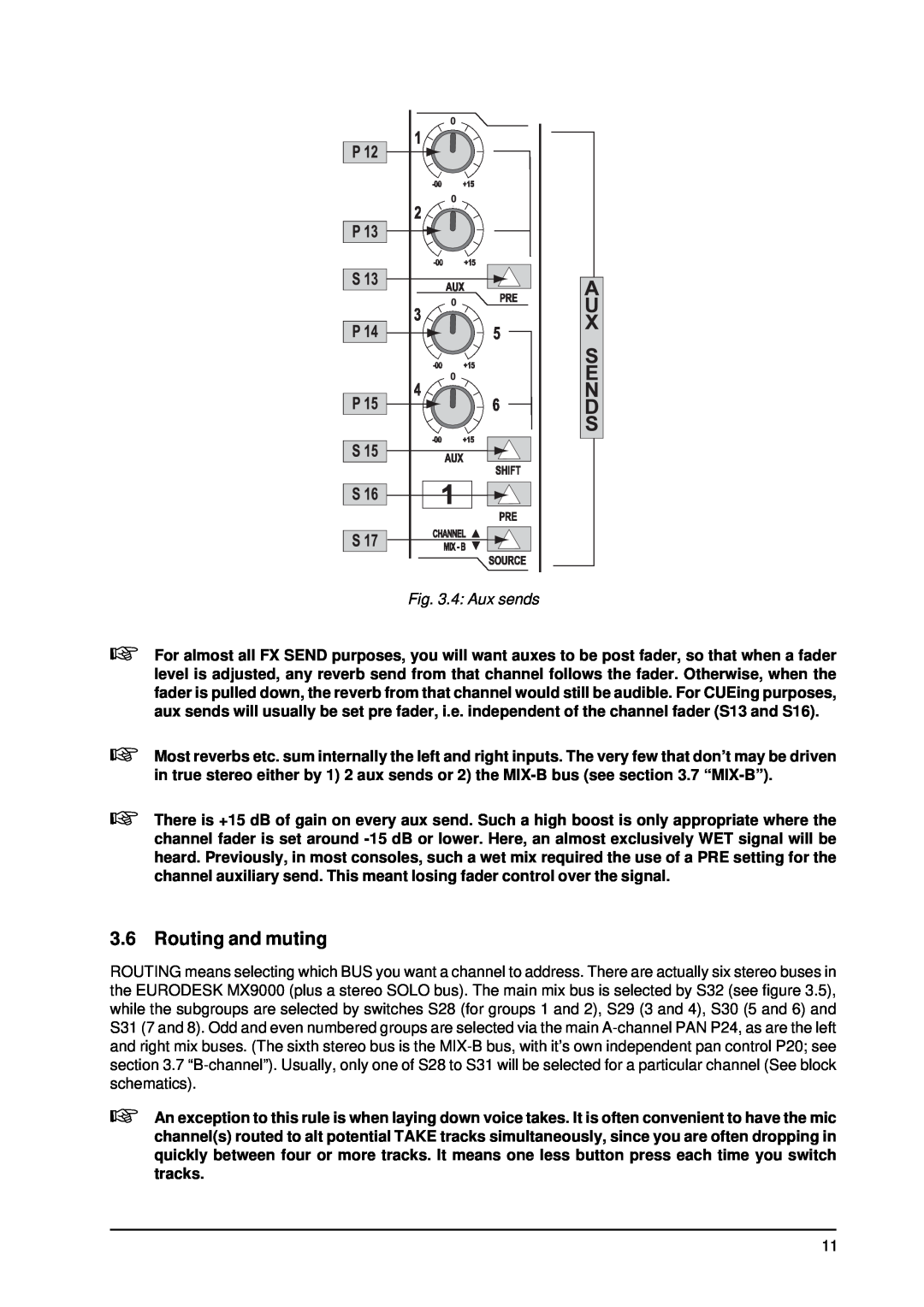 Behringer MX9000 user manual Routing and muting, 4 Aux sends 